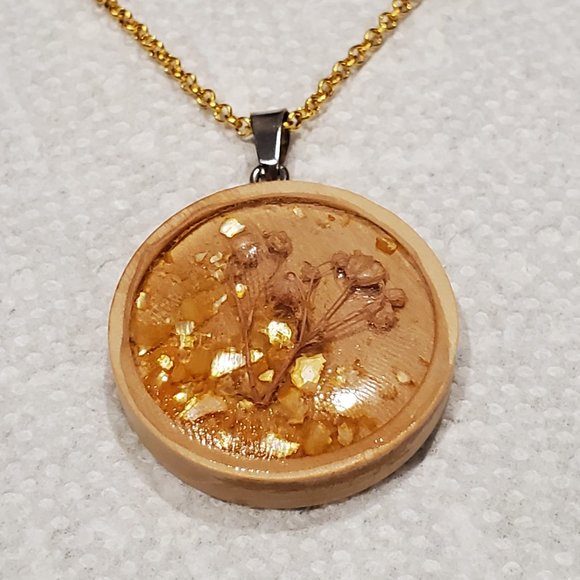 Dried Flower Boho Necklace Resin Disk Pendant Handmade New 18 inch chain NWOT - Picture 2 of 11